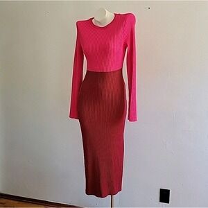 Line & Dot Pink and Red Ribbed Midi Dress